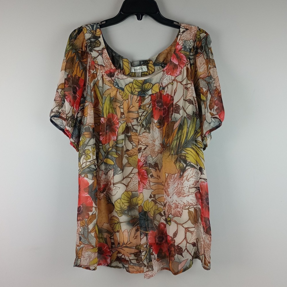 Dressbarn Womens 3X Multicolor Floral Sheer Layered Short Sleeve Blouse Top